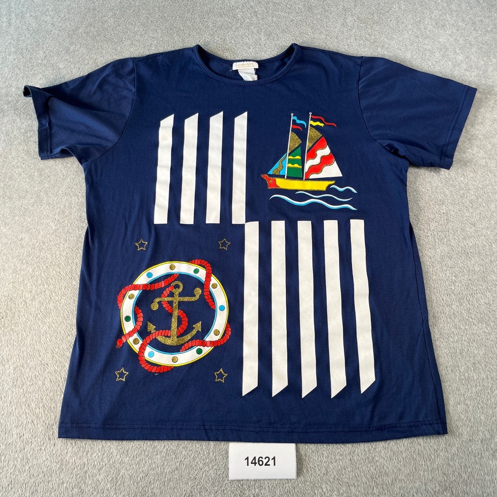 Roaman's Nautical T-Shirt Womens Large Navy Blue Excellent Vintage Sailboat USA
